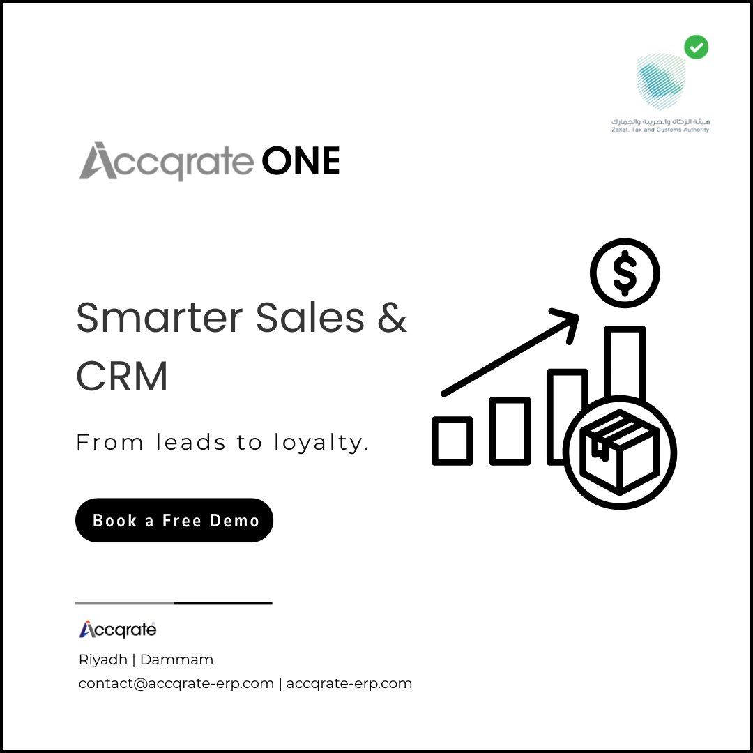 accqrate_erp's tweet photo. Close deals faster with #AccqrateONE #CRM.
Track opportunities, manage customers smartly, and drive lead-to-loyalty conversions with precision.
#KSAERP #SmartCRM #einvoicing #SaudiArabia #ERPSystem #ERP #ERPSolutions #Sales https://t.co/QX8tQ83elg