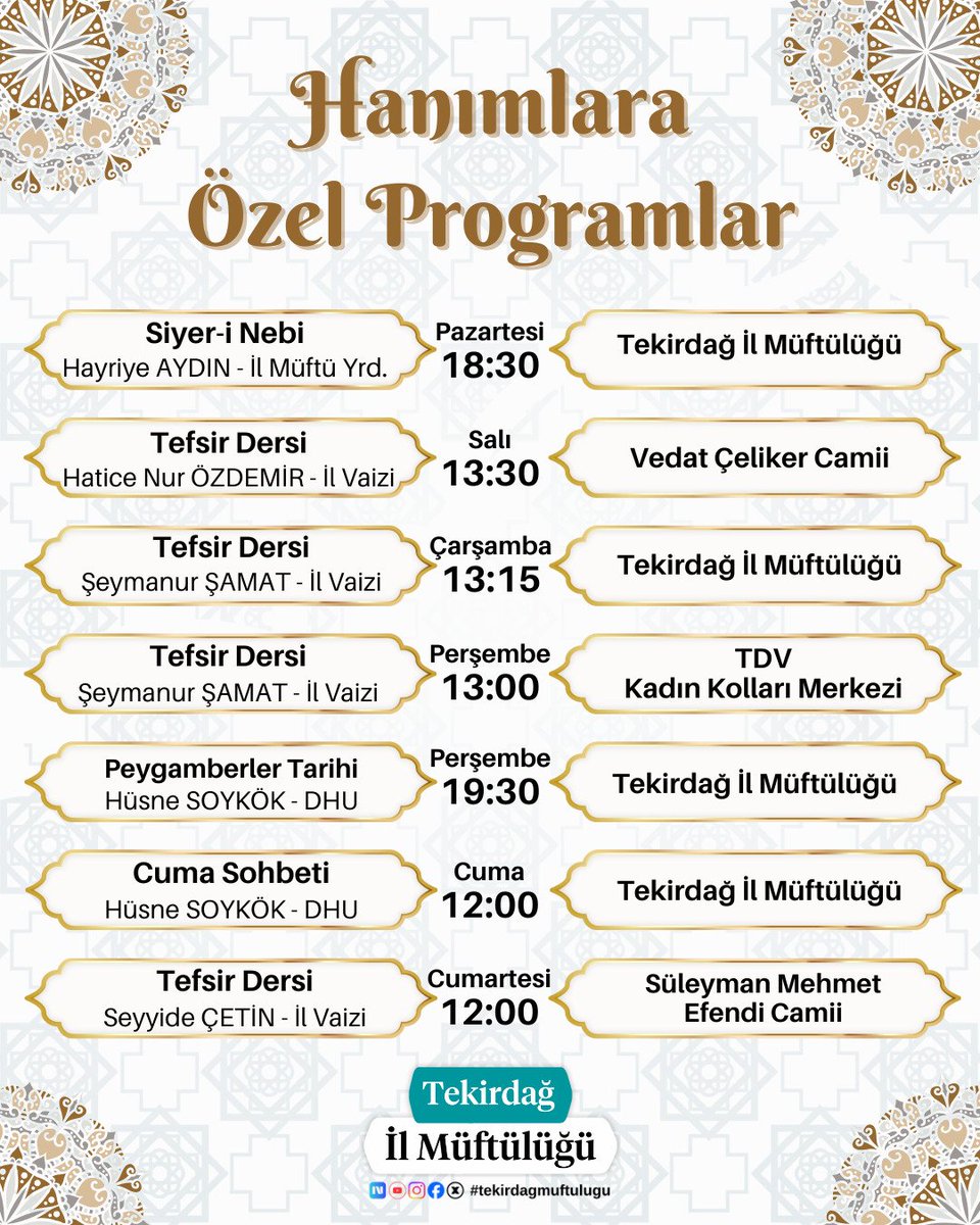 tekirdagmuftlgu's tweet image. Hanımlara Özel Programlar

#Adrb #Sohbet
#Program 
#TekirdağİlMüftülüğü
#Diyanet #SafiArpaguş