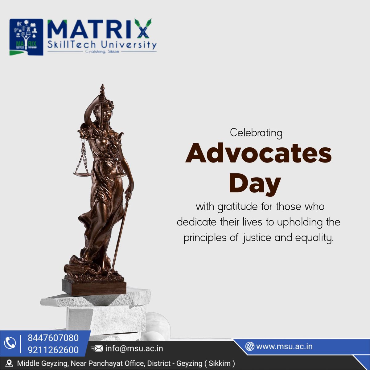 university19447's tweet image. “Happy Advocates Day from Matrix SkillTech University! ⚖️
Today, we honor the dedication, integrity, and relentless efforts of advocates who uphold justice, protect rights.&quot;
#AdvocatesDay #MatrixSkillTechUniversity #JusticeForAll #LegalProfession #HonoringAdvocates #LawAndJustice