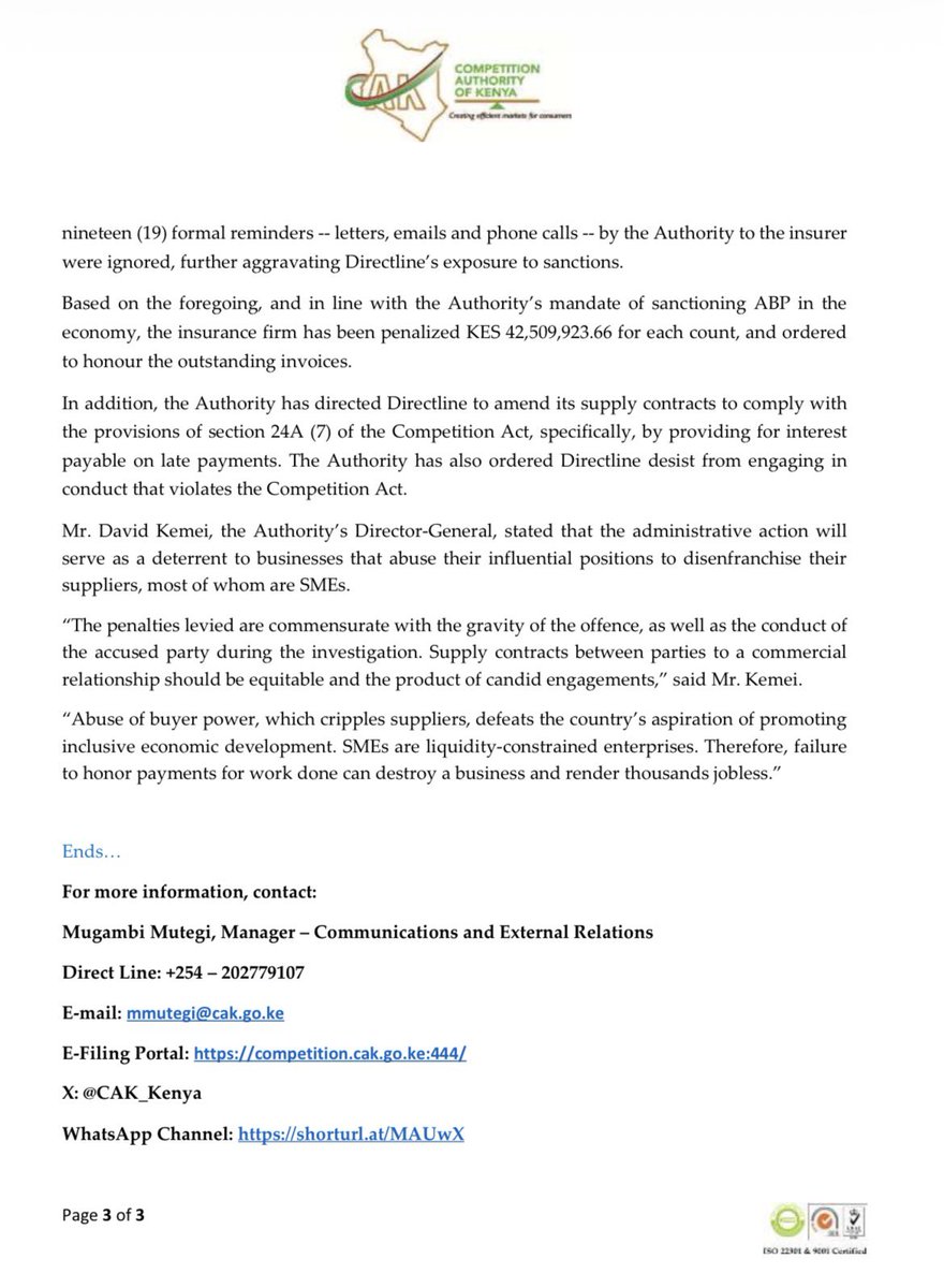 Press Release: CAK Penalizes Directline Assurance Company Limited KES 85 Million for Abuse of Buyer Power.
