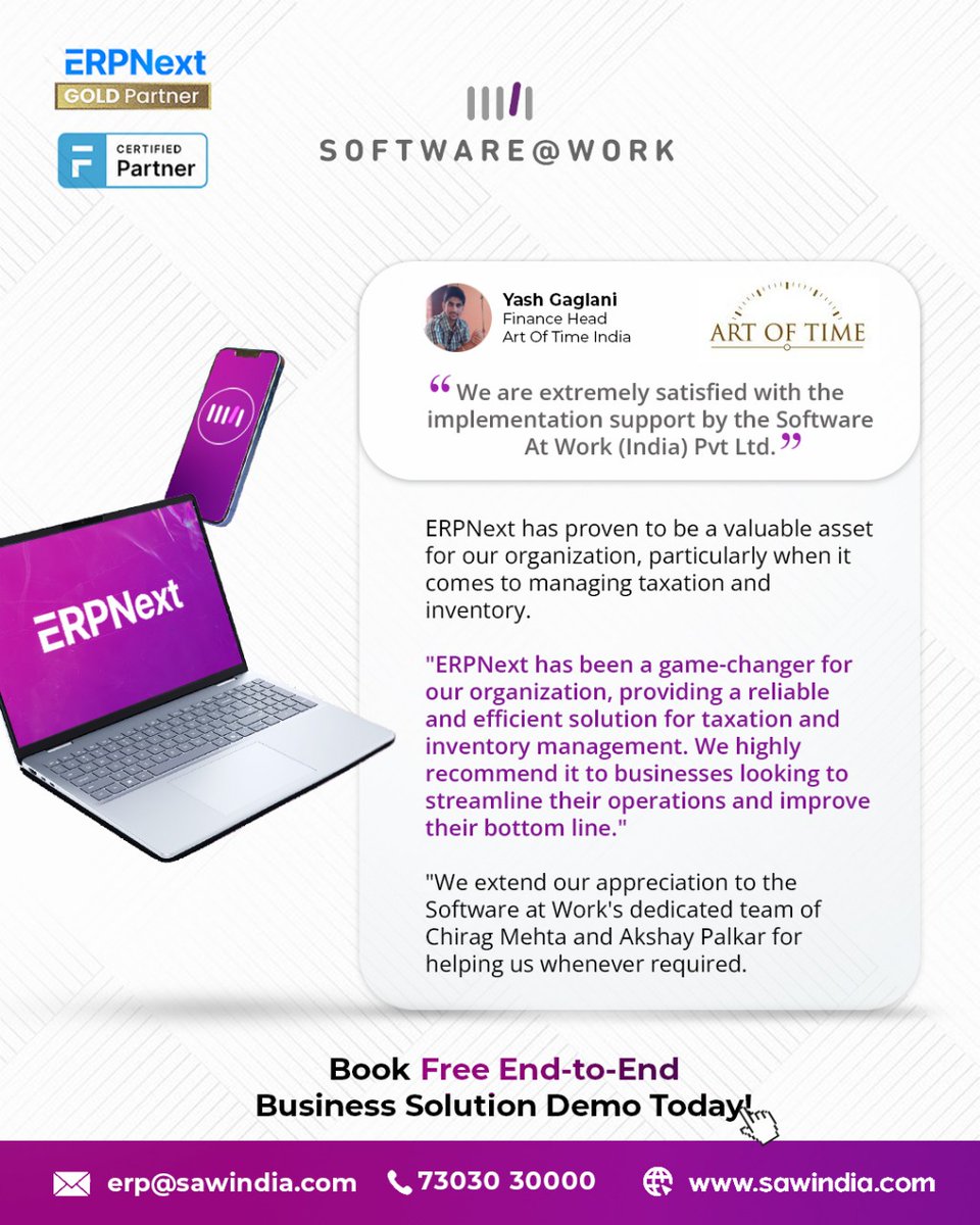 SoftwareAtWork's tweet image. The Art Of Time India transformed taxation &amp;amp; inventory challenges with ERPNext, implemented by Software At Work (India) Pvt. Ltd. 🚀
Thanks to Chirag Mehta &amp;amp; Akshay Palkar for their expert support.
Smarter operations, faster decisions, confident growth  that’s ERPNext. 💼📈