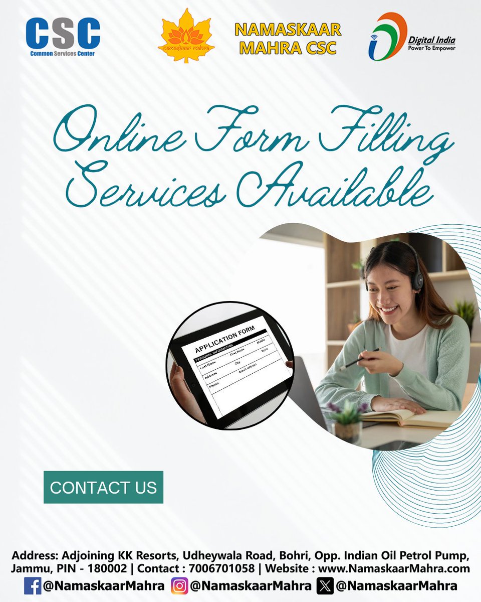 JammuCsc's tweet image. Online forms Filling Services Available 

Namaskaar Mahra CSC
Contact : 7006701058
namaskaarmahra.com
Address: Adjoining KK Resorts, Udheywala Road, Bohri,
Opp. Indian Oil Petrol Pump, Jammu, 180002

#NamaskaarMahra #CSC #CSCJammu  #TataCroma #Croma #tata