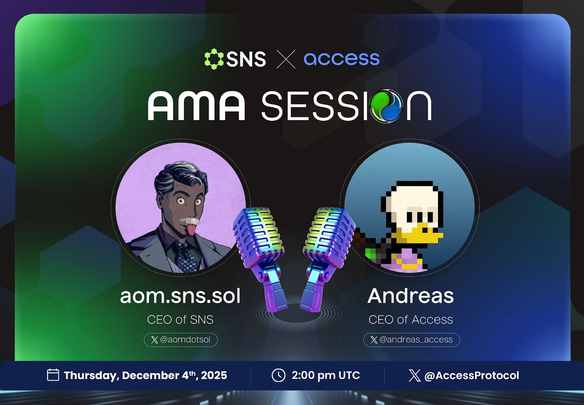 AccessProtocol's tweet image. Join @aomdotsol, CEO of @SNS, and our CEO @andreas_access tomorrow at 2 PM UTC! 

They&apos;ll explore the synergy between creator identity and business on @solana. Don&apos;t miss this conversation on building sustainable economies and a deep dive into what both teams are building.