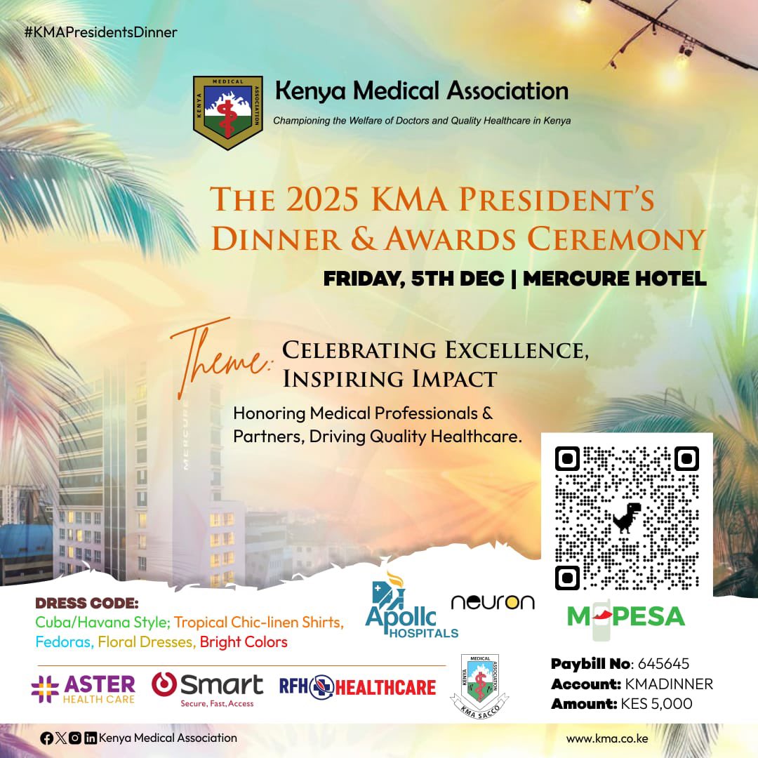 #KMAPresidentsDinner

This Friday promises an evening worth looking forward to. A dinner where familiar faces meet new ones, where purpose meets celebration, and where meaningful conversations unfold naturally.

Secure your spot for <a href="/KenyaMedics_KMA/">Kenya Medical Association</a> President’s Dinner now →