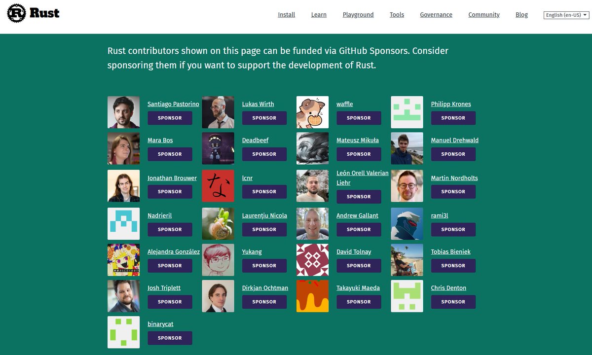 TaKOBKi's tweet image. RustメンテナのGitHub Sponsorsリンクを載せるページができたので自分も追加してみた。

Funding - Rust Programming Language
rust-lang.org/funding