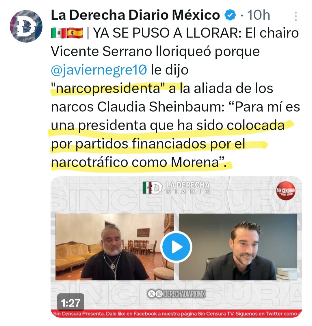Ese es el caso del señor  <a href="/javiernegre10/">Javier Negre</a> ciudadano español, quien, desde su privilegio de visitante, insultó a la #presidenta de #México Dra <a href="/Claudiashein/">Claudia Sheinbaum Pardo</a> llamándola:
“tirana acomplejada”
“narcopresidenta”• “narcogobierno”
¡NO es libertad de expresión!
