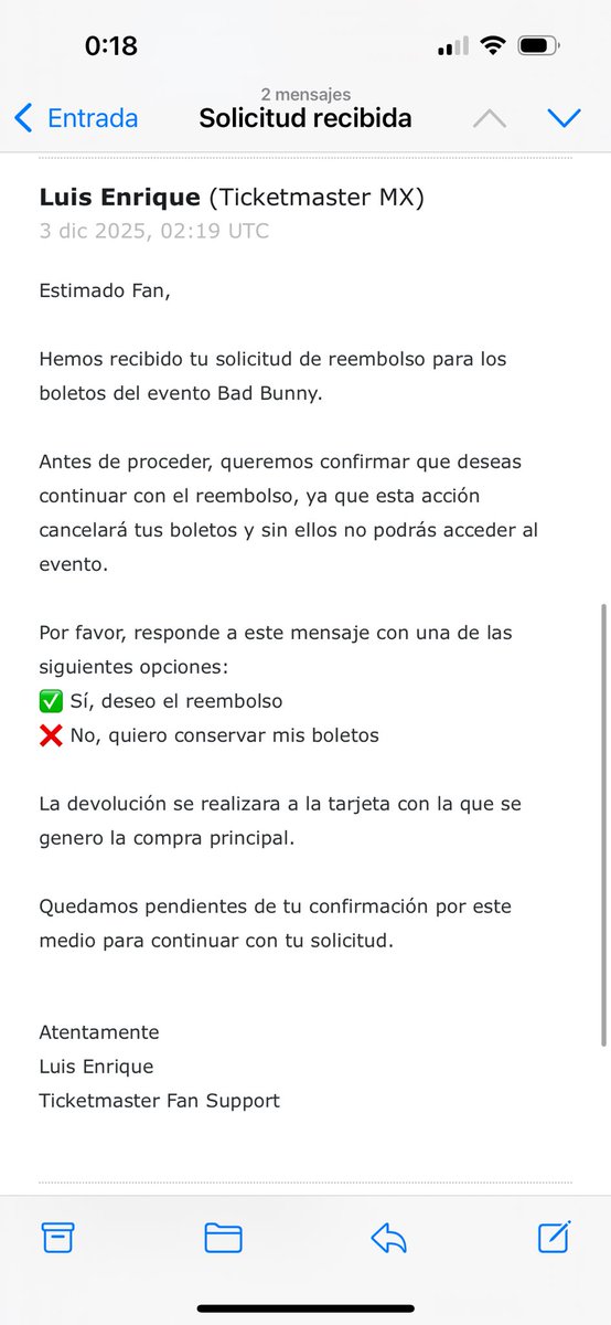 alejandroguja's tweet photo. Si están inconformes por lo del concierto de Bad Bunny, realmente no es necesario etiquetar a @Profeco ni a @ocesa_total , basta con ir a la App de @Ticketmaster_Me , iniciar una solicitud de reembolso, explicar el tema por el cual quieren el reembolso y listo. Sin dramas. https://t.co/4s5CvXvYM7