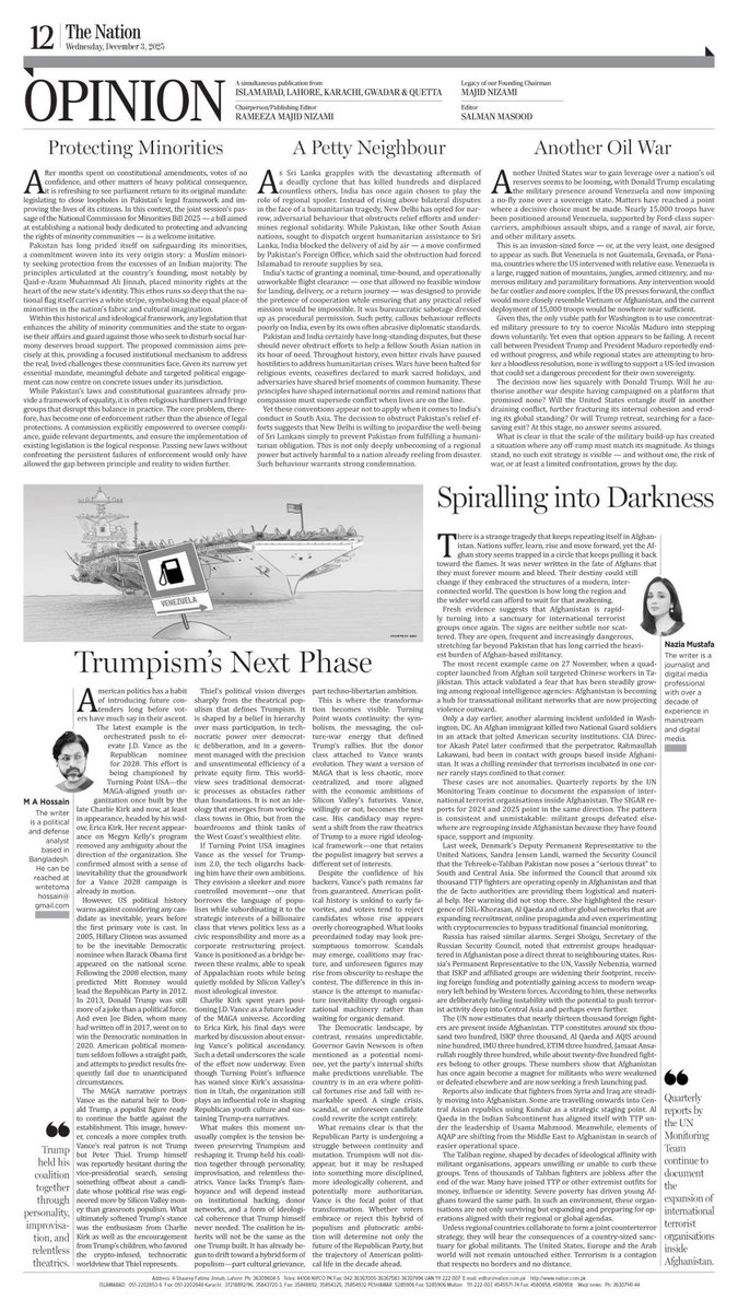 📰 Newspaper: The Nation (Pakistan)
🗓️ Date: 03 December, 2025

✒️ Title: Trumpism’s Next Phase via <a href="/The_Nation/">The_Nation</a>

🔗 Link 👉 nation.com.pk/03-Dec-2025/tr…

#Trumpism #USPolitics #GOP #Populism #Election2025