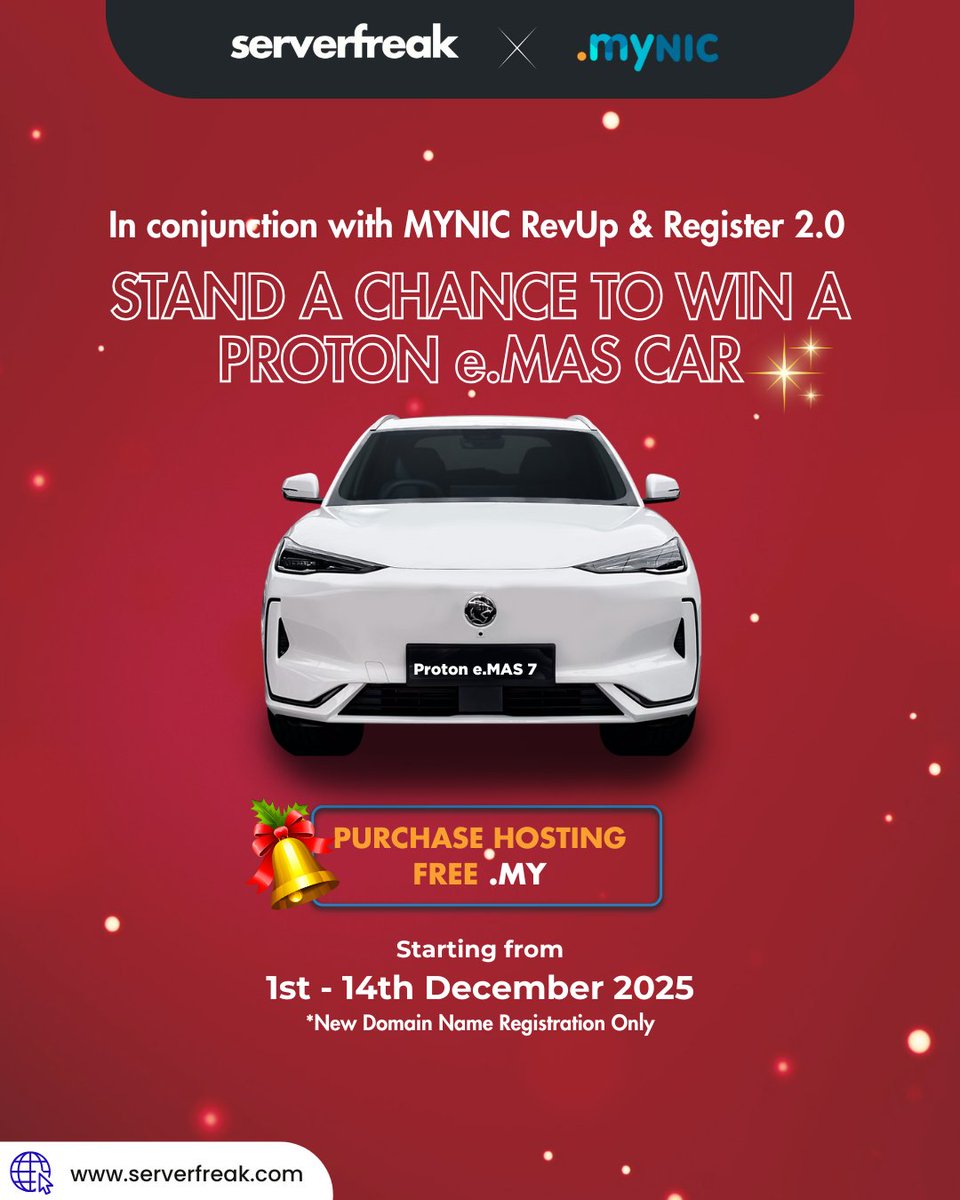 ServerFreak's tweet photo. 🚗 Last Call! Get a FREE .MY domain when you sign up for eligible Serverfreak shared hosting from 1–14 Dec 2025! Plus, you’ll be entered automatically to win the new Proton e.MAS 7 EV! 🔋🚘
📅 Winner by MYNIC: Jan 2026
📄 T&amp;Cs apply
👉 https://t.co/NEccxAkAUs https://t.co/VsI2bmMkpE