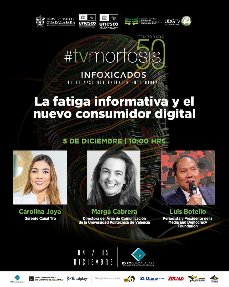 📱La saturación mediática causa agotamiento cognitivo, reduce el compromiso cívico y el pensamiento crítico, eso lo analizaremos en <a href="/TVMORFOSIS/">TVMORFOSIS</a>.

📌 La fatiga informativa y el nuevo consumidor digital

👥 Participan Carolina Joya de <a href="/CanalTRO/">Canal TRO</a>, <a href="/MargaTwita/">Marga Cabrera</a> de <a href="/UPV/">Universitat Politècnica de València</a> y <a href="/lbotello/">Luis M. Botello A.</a>