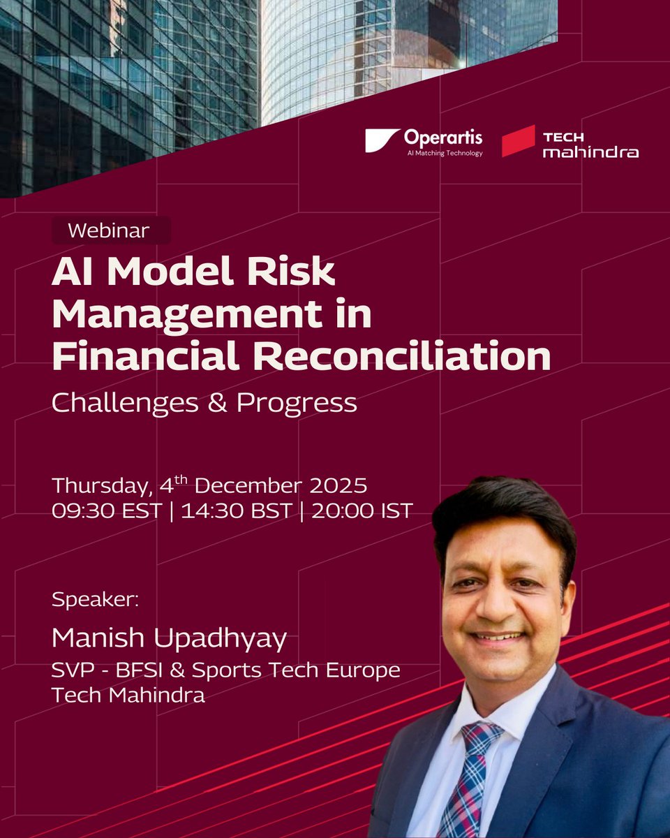 tech_mahindra's tweet image. #AI is transforming reconciliation, but for financial institutions, the real priority is ensuring models operate safely, transparently, and meet evolving regulatory standards.

Join us as Manish Upadhyay, SVP – BFSI &amp;amp; Sports Tech Europe, speaks at an exclusive webinar on AI Model…