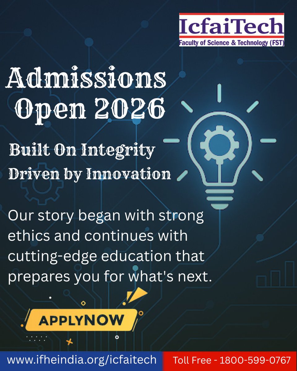 ICFAI_TECH's tweet image. 📢Admissions Open 2026 – ICFAI Tech
🚀Modern labs, expert faculty &amp;amp; hands-on learning.
🎓Up to 100% scholarships based on performance.
Apply Now: forms.gle/9EM7EMDdihd3xF…
More: ifheindia.org/icfaitech
📞1800-599-0767
#ICFAITech #Admissions2026 #BTechAdmissions #EngineeringCollege