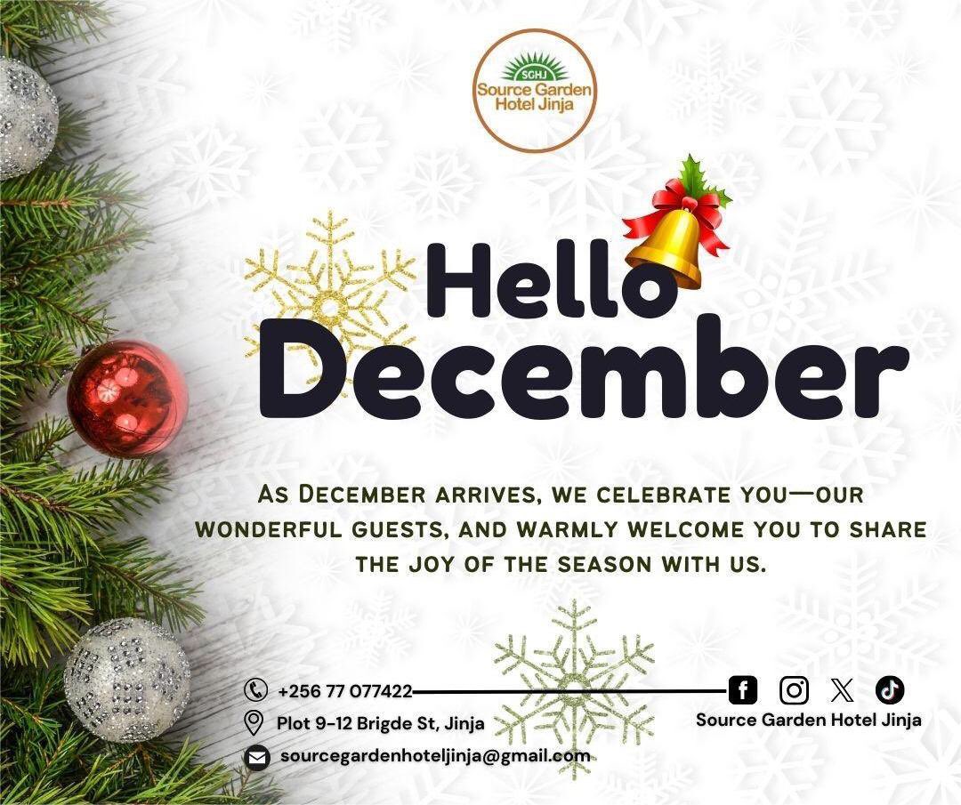 DECEMBER FESTIVES 🎄

🎉 Celebrate the season with us—warm hospitality, great rates, cozy rooms and unbeatable festive deals.

#sourcegardenhoteljinja #festiveoffers #Christmas2025 #visitjinja
