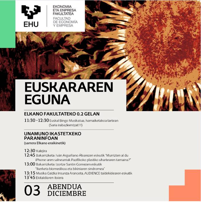 Gaur, #EuskararenEguna|ren harira, <a href="/upvehu/">UPV/EHU</a>|ko Ekonomia eta Enpresa Fakultatean izango naiz "Ikerketa biomedikoa eta bikiniaren sindromea" bakarrizketarekin.

#Zientzia, #Euskara eta umorea, ez galdu! 😊

#ZientziaEuskaraz
#GoraEuskara
#EuskarazBiziNahiDugu