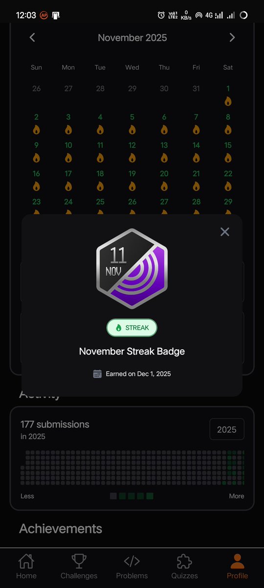 Got this badge for November streak on the masterji app
<a href="/Hiteshdotcom/">Hitesh Choudhary</a> <a href="/ChaiCodeHQ/">Chai Aur Code</a> #DSA