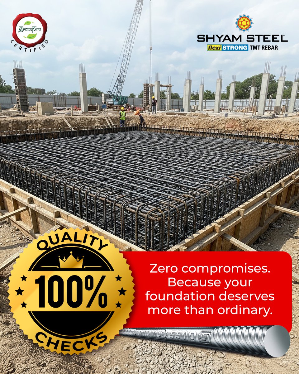 ShyamSteelIndia's tweet image. A strong foundation begins with trustworthy steel.

At Shyam Steel, every TMT rebar goes through 100% quality checks to ensure unmatched strength, durability, and safety for your structures.

#ShyamSteelIndia #FlexiStrong #QualityChecked #TMTRebars #StrongFoundation