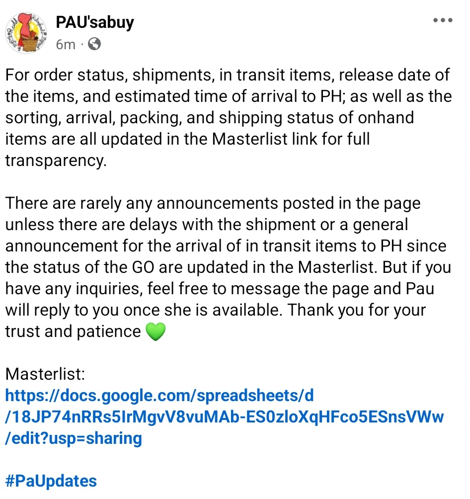 PAUsaBuy's tweet photo. #PaUpdates
Feel free to check the Masterlist for the lastest updates and status of the GOs. Feel free to send Pau a dm for if you have any inquiries and Pau will reply to you once she is available. Thank you for your,trust and patience! 💚💛
Masterlist:
https://t.co/6JIDg0fcw3 https://t.co/1c8YuqRh7O