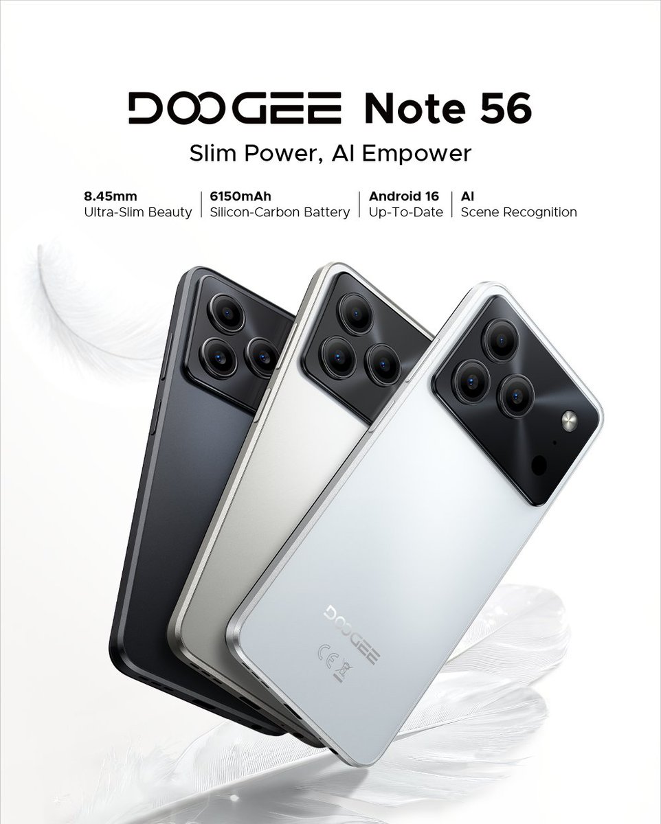 DOOGEE_official's tweet photo. Ultra-slim meets unstoppable power! 📷 DOOGEE Note 56 with an ultra-slim silicon-carbon battery and Android 16 keeps you ahead in style and performance. 📷📷 #DOOGEE #Note56 #SlimAndSmart https://t.co/RSn7O2LBUC