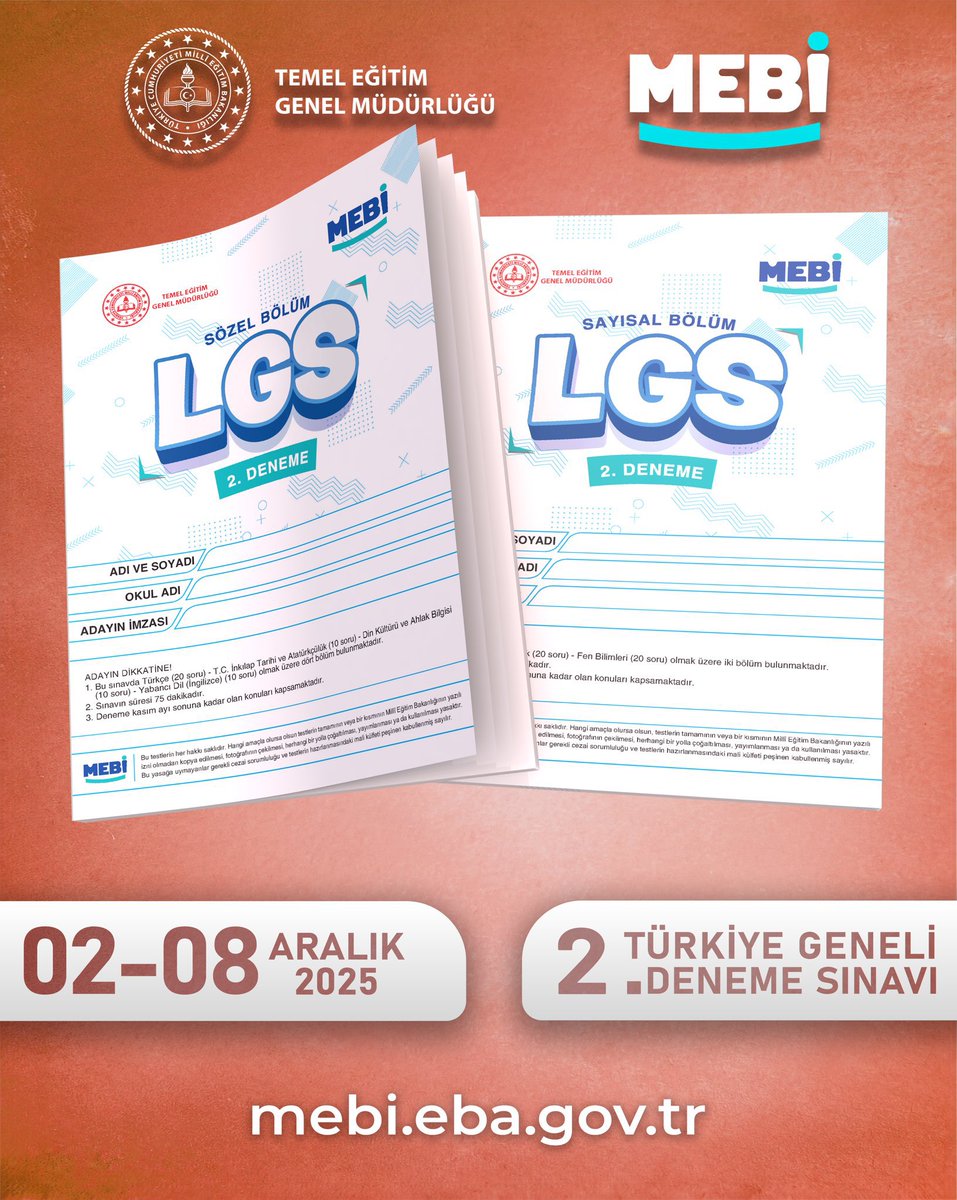 LGS hazırlığında hız kesmiyoruz!🥳
2. çevrim içi denememiz 02–08 Aralık’ta MEBİ’de seni bekliyor.

Sözel ve sayısal oturumlarıyla gerçek sınav deneyimi:
✔ Doğru–yanlışlarını anında gör
✔ Puanını öğren
✔ Türkiye geneli yüzdelik dilimini keşfet

Denemeye katılmak çok kolay!