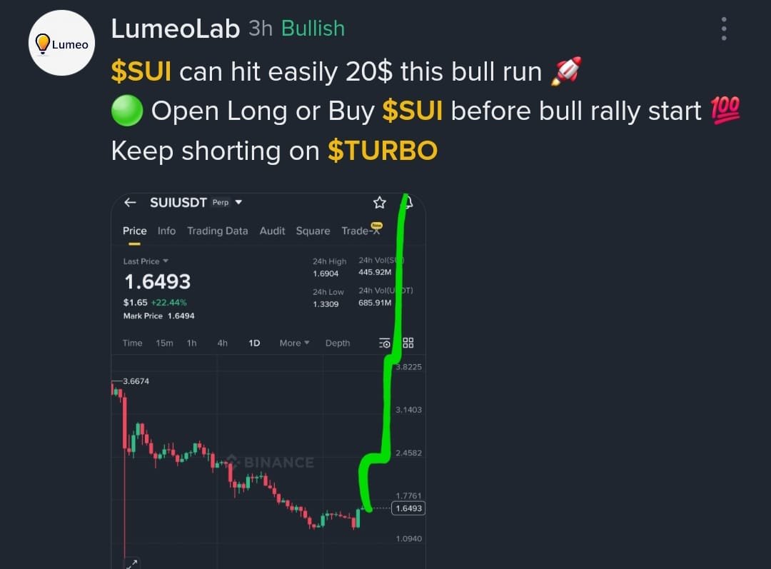 LumeoLab's tweet image. Hope you guys Enjoy Profit 🤑🚀🚀

Told you $SUI bull rally started 💥

My Target 5000% on my position 

Still we are earlier Go fast Long on $SUI 

Keep shorting $TURBO