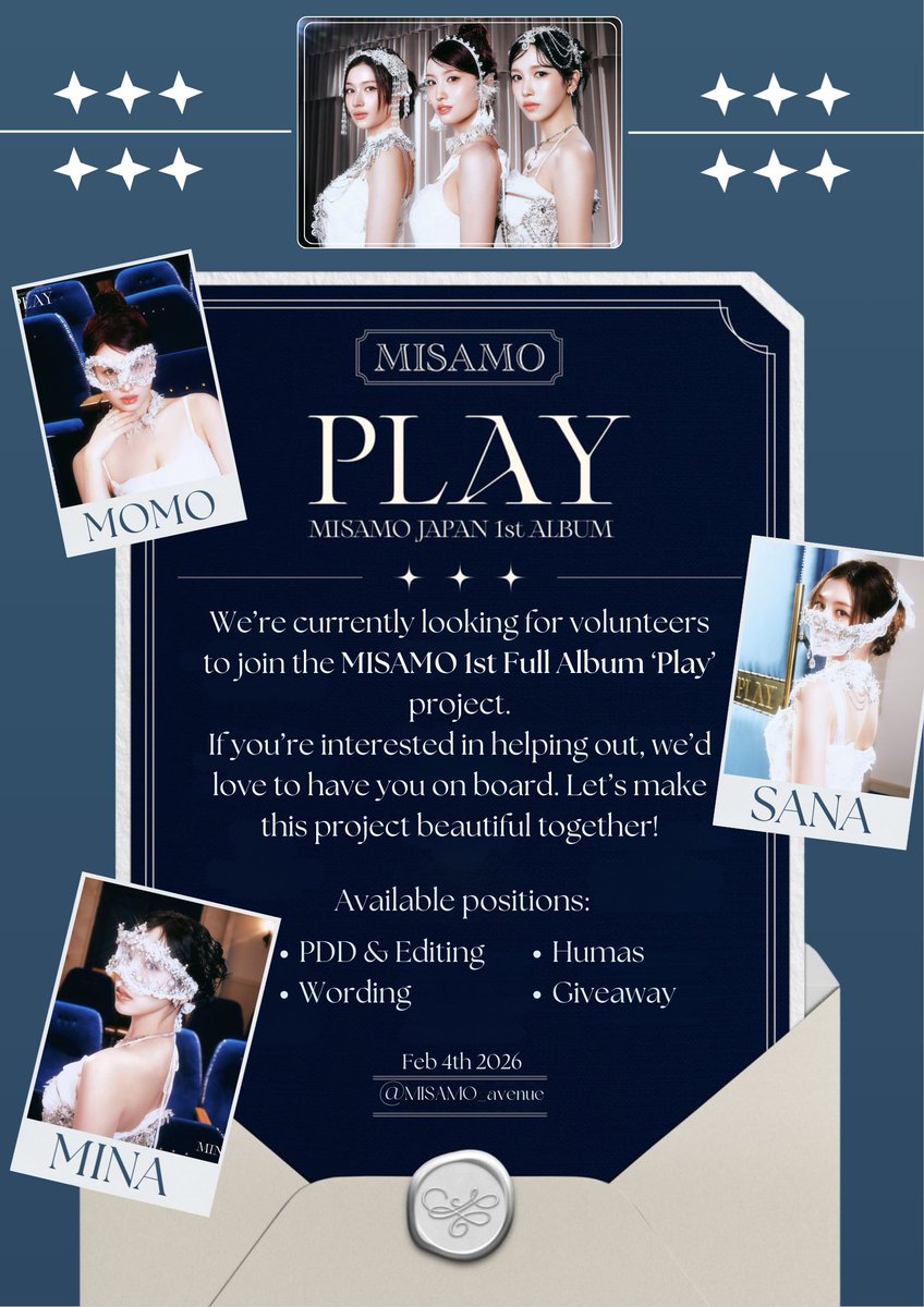 MISAMO_avenue's tweet image. We have exciting news! 𝐌𝐈𝐒𝐀𝐌𝐎 𝐂𝐨𝐦𝐞𝐛𝐚𝐜𝐤 𝐏𝐫𝐨𝐣𝐞𝐜𝐭 is coming soon. We’re looking for active and enthusiastic 𝑽𝐨𝐥𝐮𝐧𝐭𝐞𝐞𝐫𝐬 and 𝐌𝐈𝐒𝐀𝐌𝐎 𝐑𝐏𝐬 to join us. Please check the link below for details. Thank you and see you soon! 𖹭
(s.id/PLAYvolunteers)