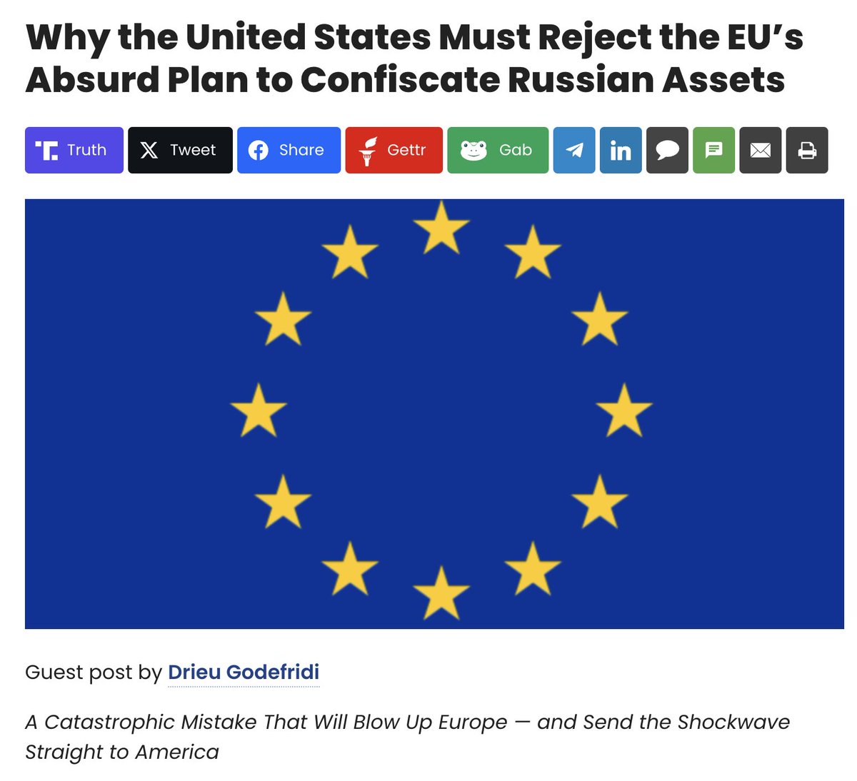 The United States must publicly and firmly veto any confiscation of Russian sovereign assets — not out of sympathy for Russia, but because letting Europe commit this level of self-harm would drag the entire financial system into the abyss.
Les États-Unis doivent publiquement et