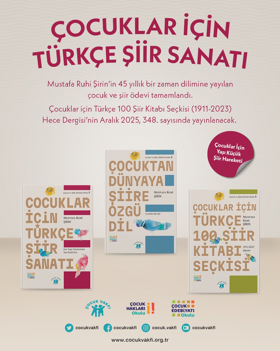 ÇOCUK VE ŞİİR EĞİTİMİ İÇİN ÜÇ KAYNAK E-KİTAP ERİŞİME AÇILDI.

Erişim/ cocukvakfi.org.tr/calisma-alanla…
Çocuk Edebiyatı Okulu
Çocuk ve Şiir Eğitimi Bölümü