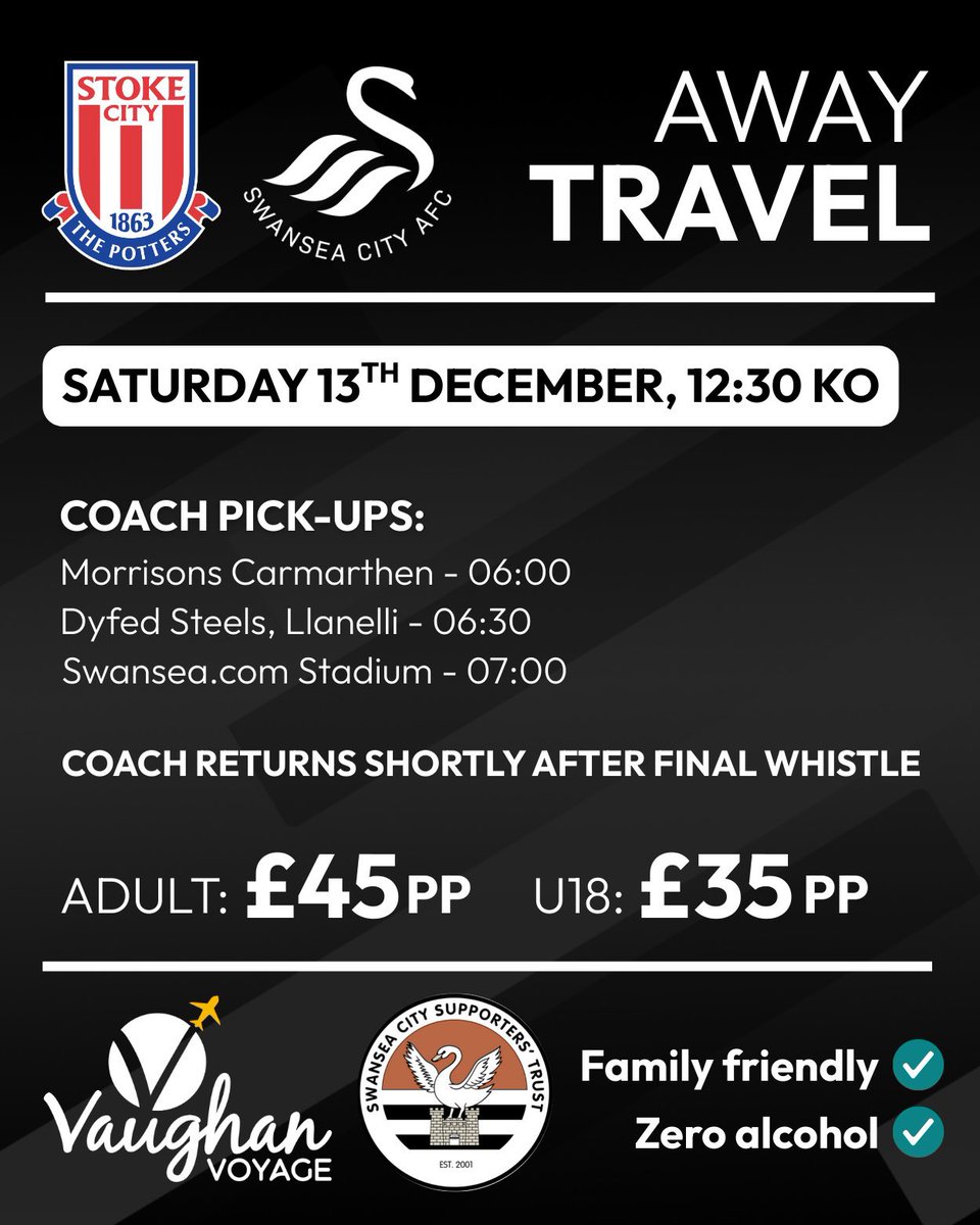 STOKE CITY - GENERAL SALE

To book, please EMAIL the number of seats you require to info@vaughanvoyage.com and we will reply with instructions on how to pay and book.

We will respond to each email in order and seats will be reserved on a first come first served basis.