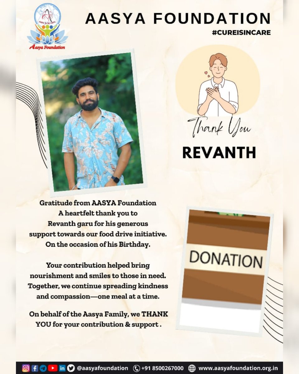 cureisincare's tweet image. Aasya Foundation extends heartfelt gratitude to Revanth garu for his generous support toward our Food Drive initiative on the occasion of his birthday.

His contribution helped spread warmth, nourishment, and smiles to those in need.
.
.
.
#Gratitude
#thankyou #servicewithlove