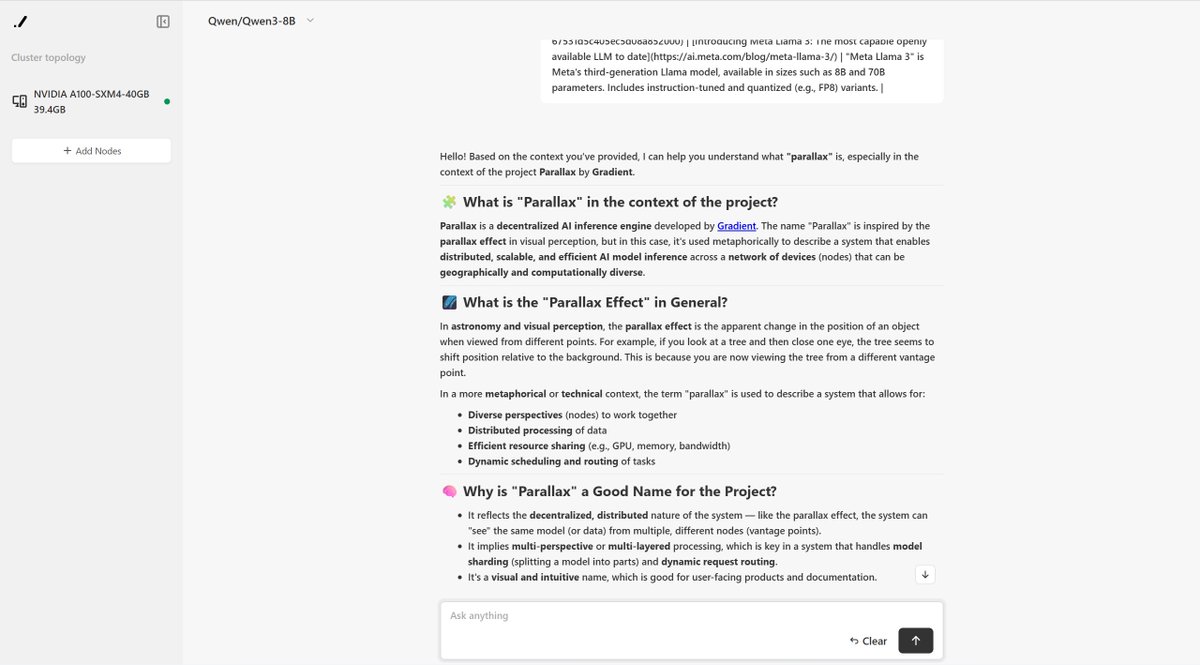 stmoonar258's tweet image. Today I successfully ran Qwen3-8B on Nvidia A100 using #parallax, it has more compatibility issues than Mac when using slang/vllm, even sglang/vllm can perform well on my hardware. I want to submit PR to fix it, but now I have to develop my application to participate the…