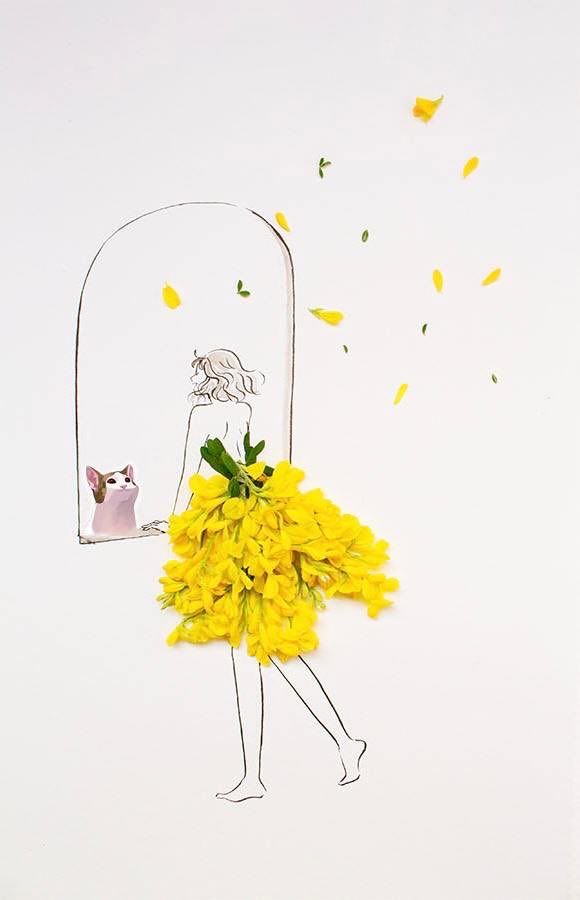 艺术插画：一位身穿黄色花裙的女子凝视镜中反射出一个 Popcat 形象，周围漂浮花瓣