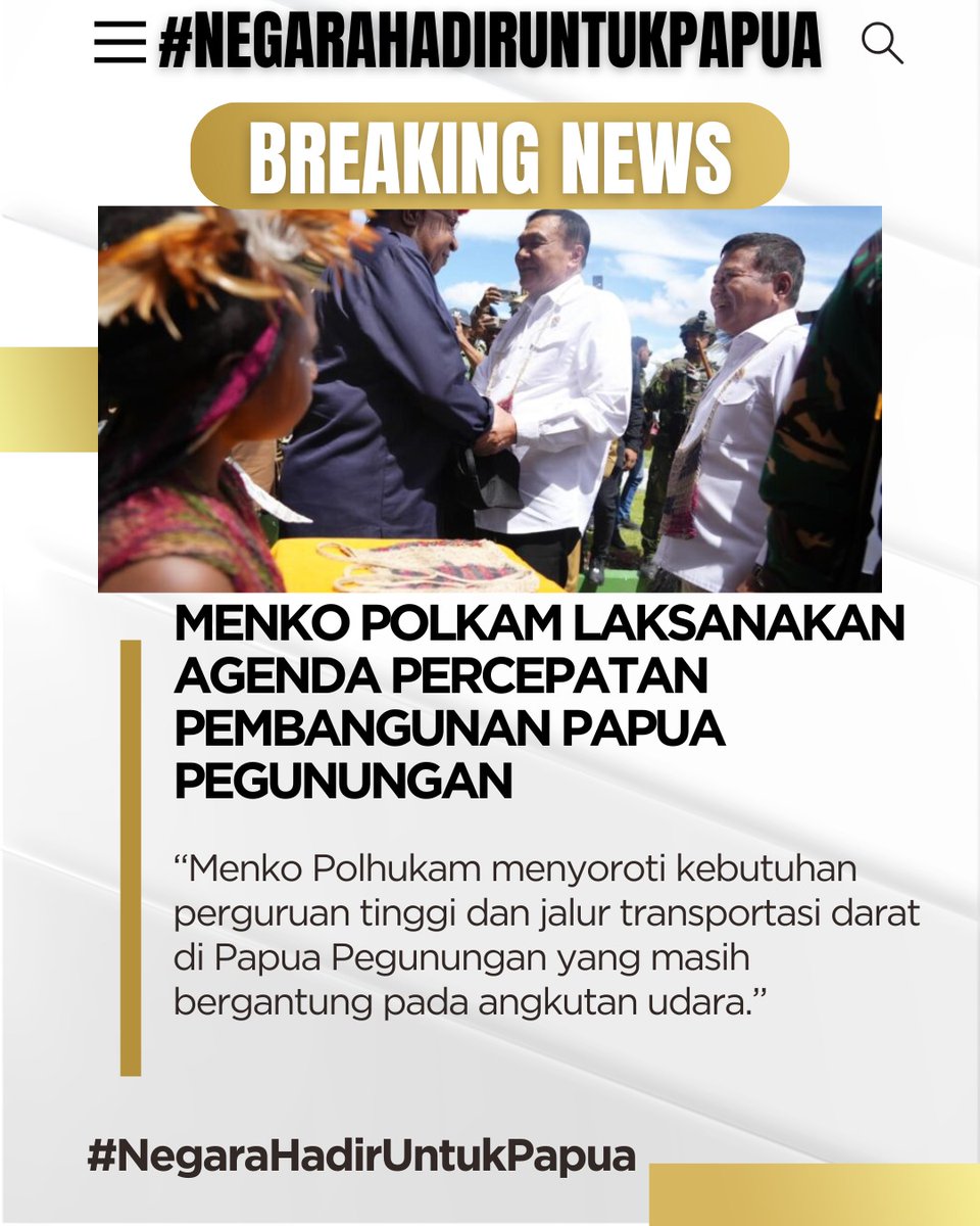 daerah papua pegunungan memang memiliki tantangan besar jalur transportasi karena kondisi alam nya, namun pemerintah terus berupaya melakukan pembangunan di percepat dengan kehadiran Menkopolkam ke papua pegunungan 
#NegaraHadirDiPapua