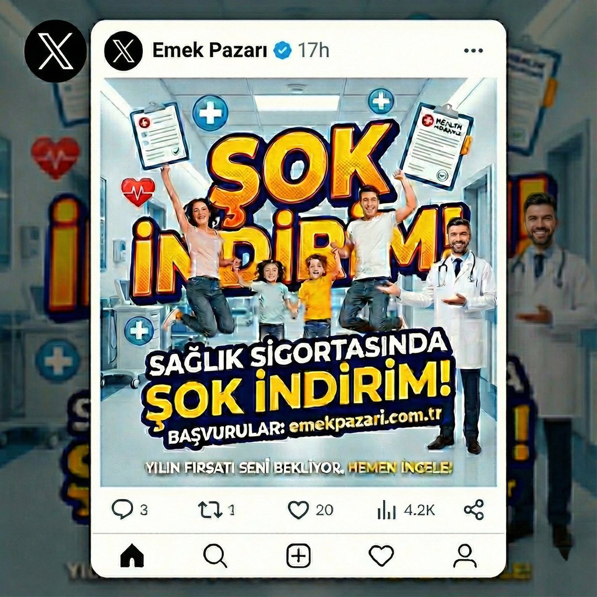 Hastanelerde "Sıra" beklemeyin, "Saygı" görün. 🌟

Sağlık Sigortası Emek Pazarı'nda Başladı... Piyasanın en uygun fiyatlarıyla...

Şimdi Fiyat Al, Güvenceyi Hisset!

👉 Detaylı bilgi ve teklif için: emekpazari.com.tr

#özelsağlıksigortası #konfor #sağlıkgüvencesi #sigorta