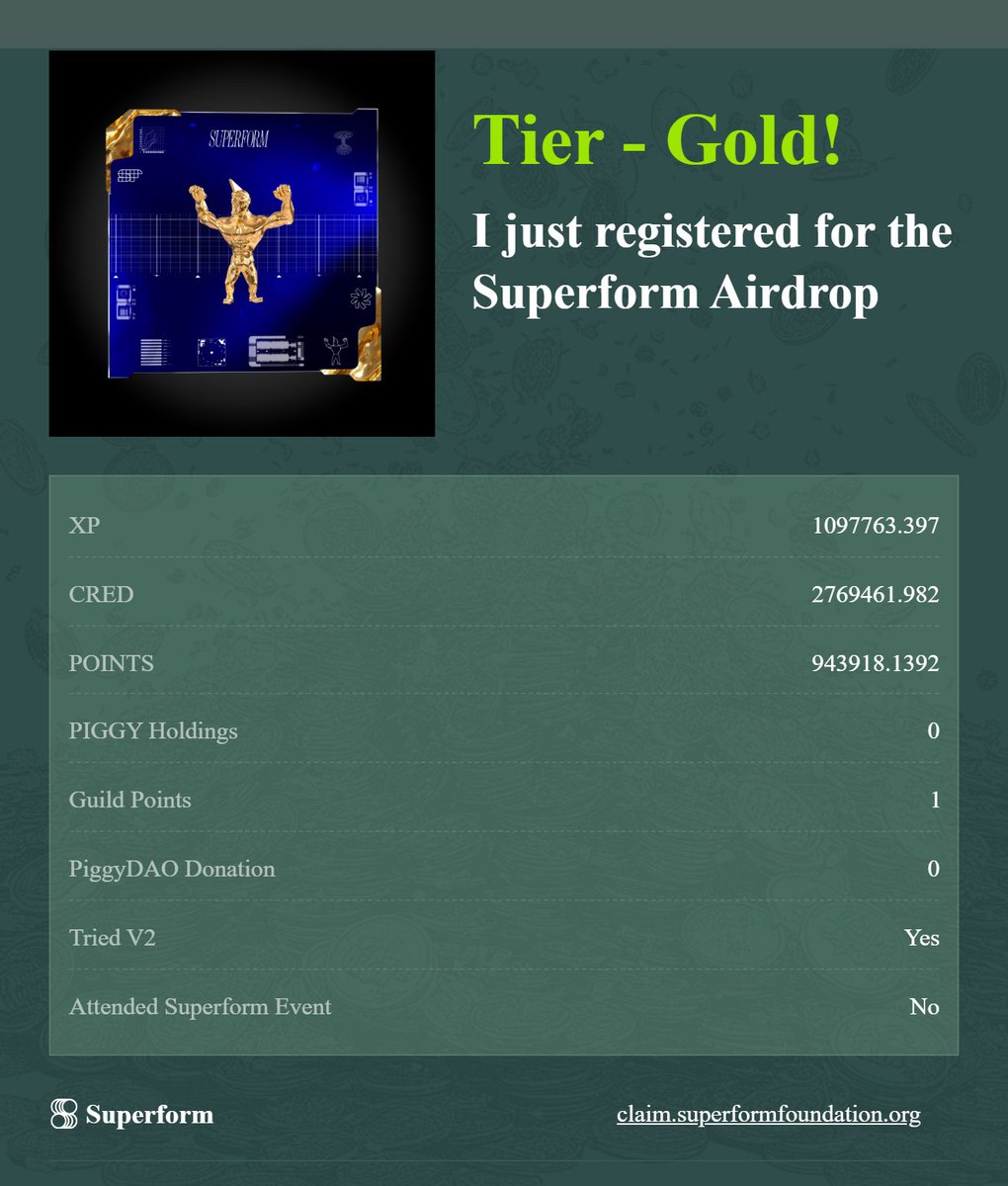 Vous pouvez checker votre airdrop sur <a href="/superformxyz/">Superform</a> 

Il était lent ce lait 🍼

(vous devrez vous inscrire avant le TGE pour y rester éligible)

Ici : claim.superformfoundation.org

Quels sont les critères ?

• XPs de la Saison 1
• CRED de la Saison 2
• POINTS de l’Epoch 0 (Saison
