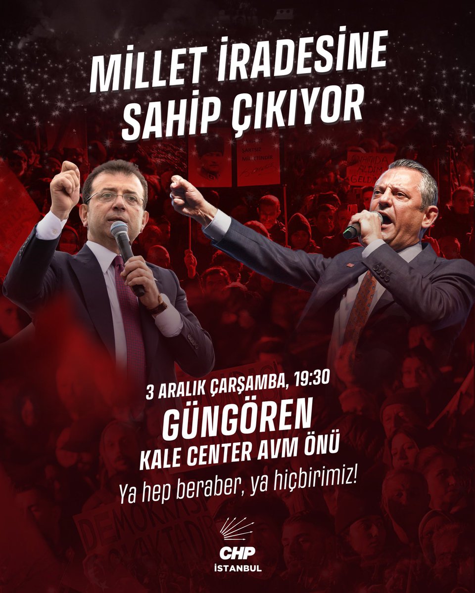 Adalet mücadelemiz sürüyor!

Genel Başkanımız Özgür Özel öncülüğünde, Cumhurbaşkanı adayımız Ekrem İmamoğlu ve tüm yol arkadaşlarımıza özgürlük için buluşuyoruz.

📍 Güngören - Kale Center Avm Önü
 🗓️ 3 Aralık Çarşamba | 19.30