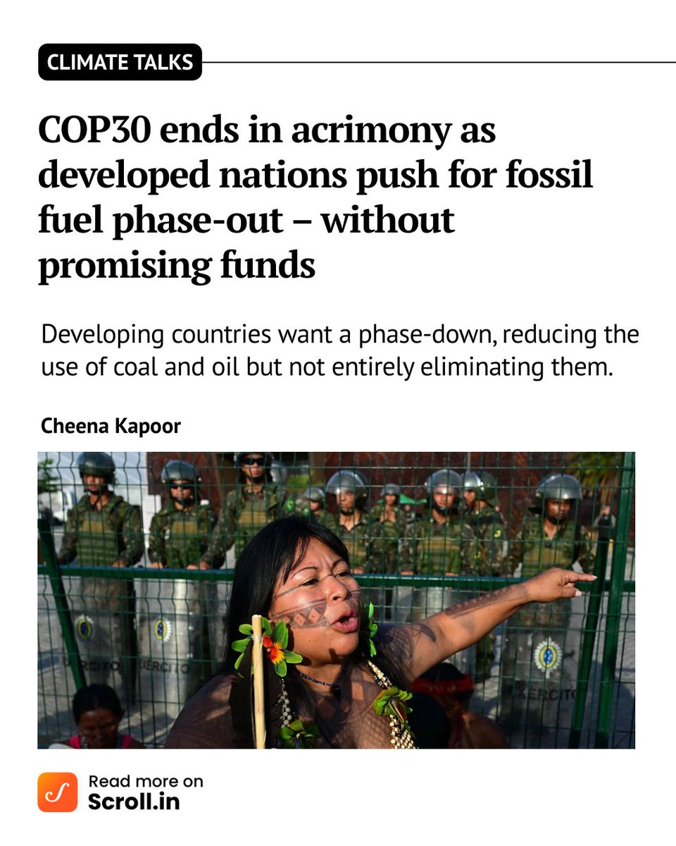 scroll_in's tweet image. A negotiator told Scroll that developed nations which had used the planet’s carbon budget while building their economies, are wagging their finger at developing nations to phase out without paying their share.

scroll.in/article/108878…

Cheena Kapoor writes 

#COP30 #climatetalks