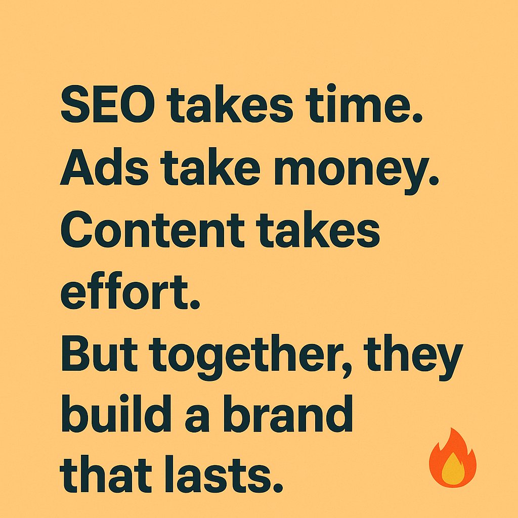 TJewel6533's tweet photo. #SEO takes #time.
#Ads take #money.
#Content takes effort.
But together, they build a #brand that lasts. 🔥 https://t.co/wLGS5GTvqb