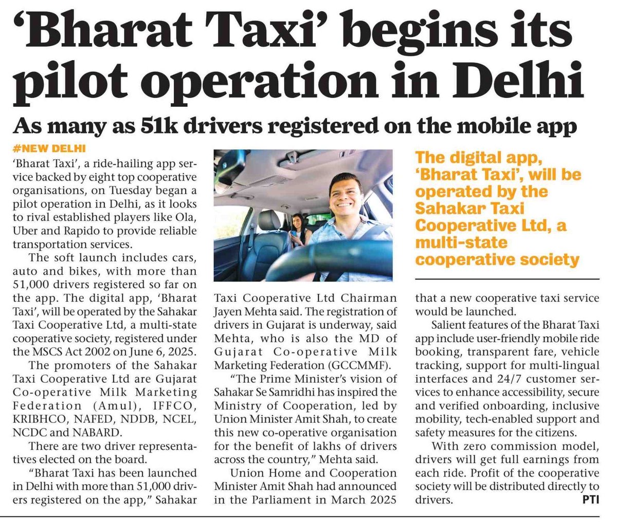 KiritkrJPatel's tweet image. It is a moment of immense pride for the Indian cooperative movement that yesterday, Newly formed Sahkar Taxi Cooperative commenced the soft launch of “Bharat Taxi” @coopbharattaxi in Delhi, with more than 51,000 drivers already on board. This is the world’s first national…