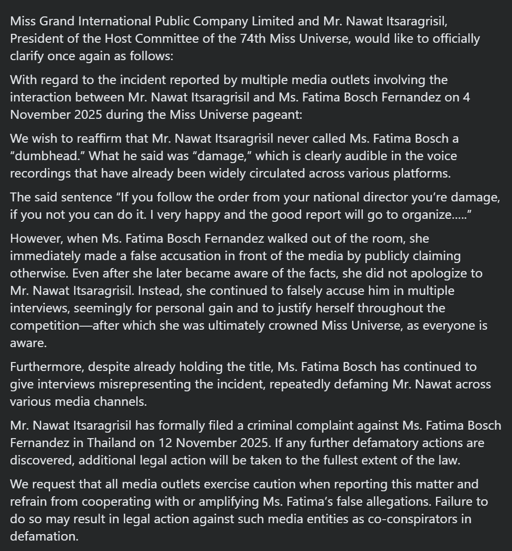 Dainsleif_10's tweet photo. Official Statement: Mr. Nawat Itsaragrisil has formally filed a criminal complaint against Ms. Fatima Bosch Fernandez in Thailand on 12 November 2025. 
#MissUniverse2025 #MissUniverse https://t.co/xWGLddKoVf
