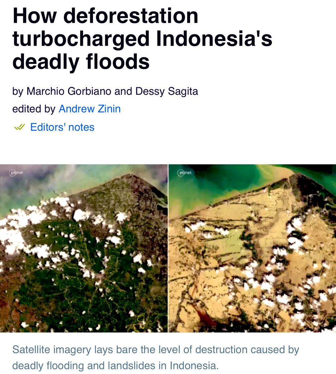 The deadly flooding that has killed hundreds in Indonesia was largely the result of monsoon rains and a rare tropical storm. But something else played a role: deforestation.

Forests help absorb rainfall and stabilize the ground held by their roots, and their absence makes areas