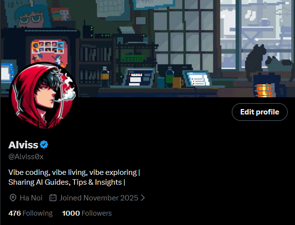 Alviss0x's tweet image. 1000 followers 🥳

I signed up for X just 22 days ago
People keep asking how I grew so fast?

Just Premium, daily posts about AI, code
Show up every day, reply, be real, connect!

Thank you for being here with me ❤️