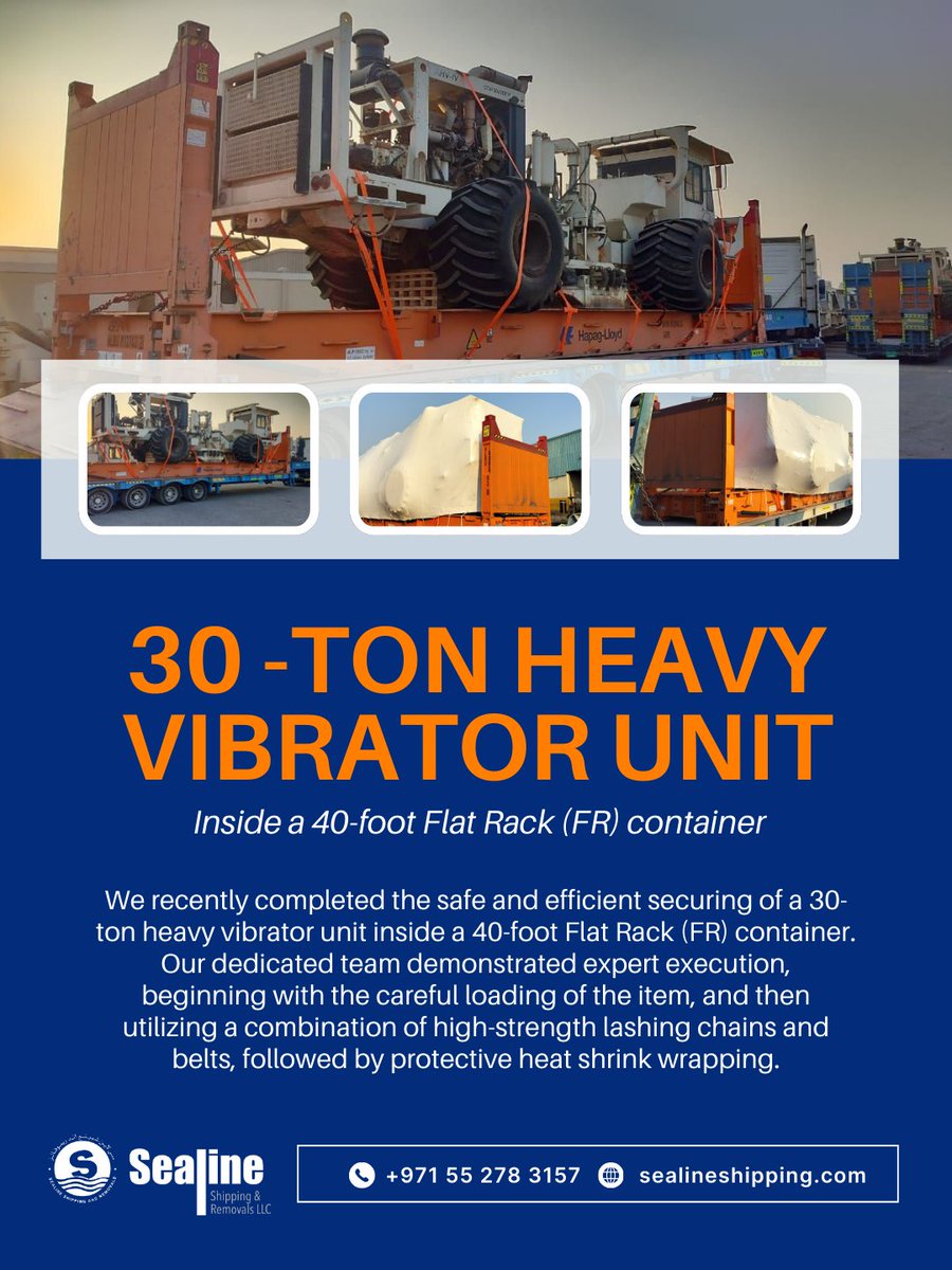 SealineDxB's tweet image. Another Heavy Move, Secured with Precision!
Our team successfully handled and secured a 30-ton heavy vibrator unit inside a 40-foot Flat Rack (FR) container.
🌐 sealineshipping.com
📞 +971 55 278 3157
#Sealine #LogisticsExperts #CargoLashing #HeavyEquipmentHandling #UAE