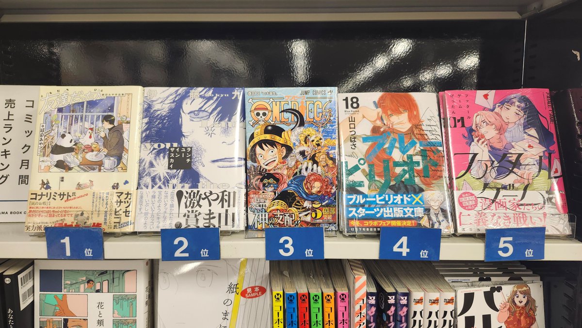 【コミック月間ランキング 11月】
1位 絹田みやさん『友達だった人』(光文社)
2位 伊藤九さん『ランチユーインザスカイ』(講談社)
3位 尾田栄一郎さん『ONE PIECE 113』(集英社)
4位 山口つばささん『ブルーピリオド 18』(講談社)
5位 ばったんさん『ファタールゲーム 01』(講談社)