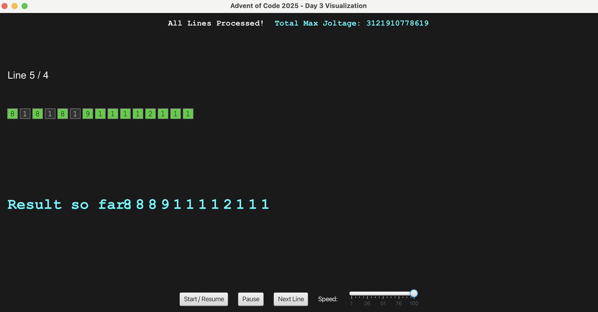 juanantoniobm's tweet image. Day3
adventofcode.com/2025/day/3

@AdventOfCode @java #javafx