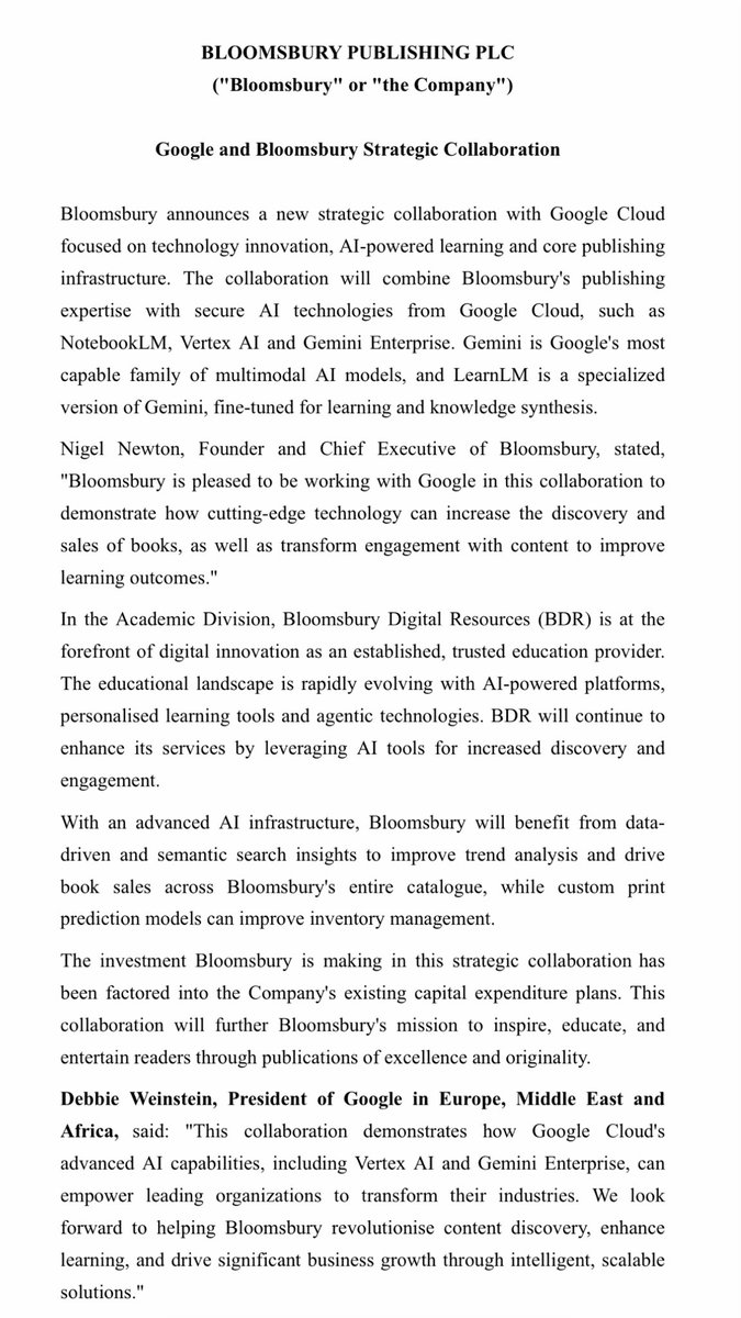 Recent addition Bloomsbury Publishing #BMY out with a strategic collaboration announcement with Google Cloud. Slightly unclear what the upshot of it is - doesn’t quite read as similar to the unnamed non-exclusive AI licensing deal it closed earlier in the year