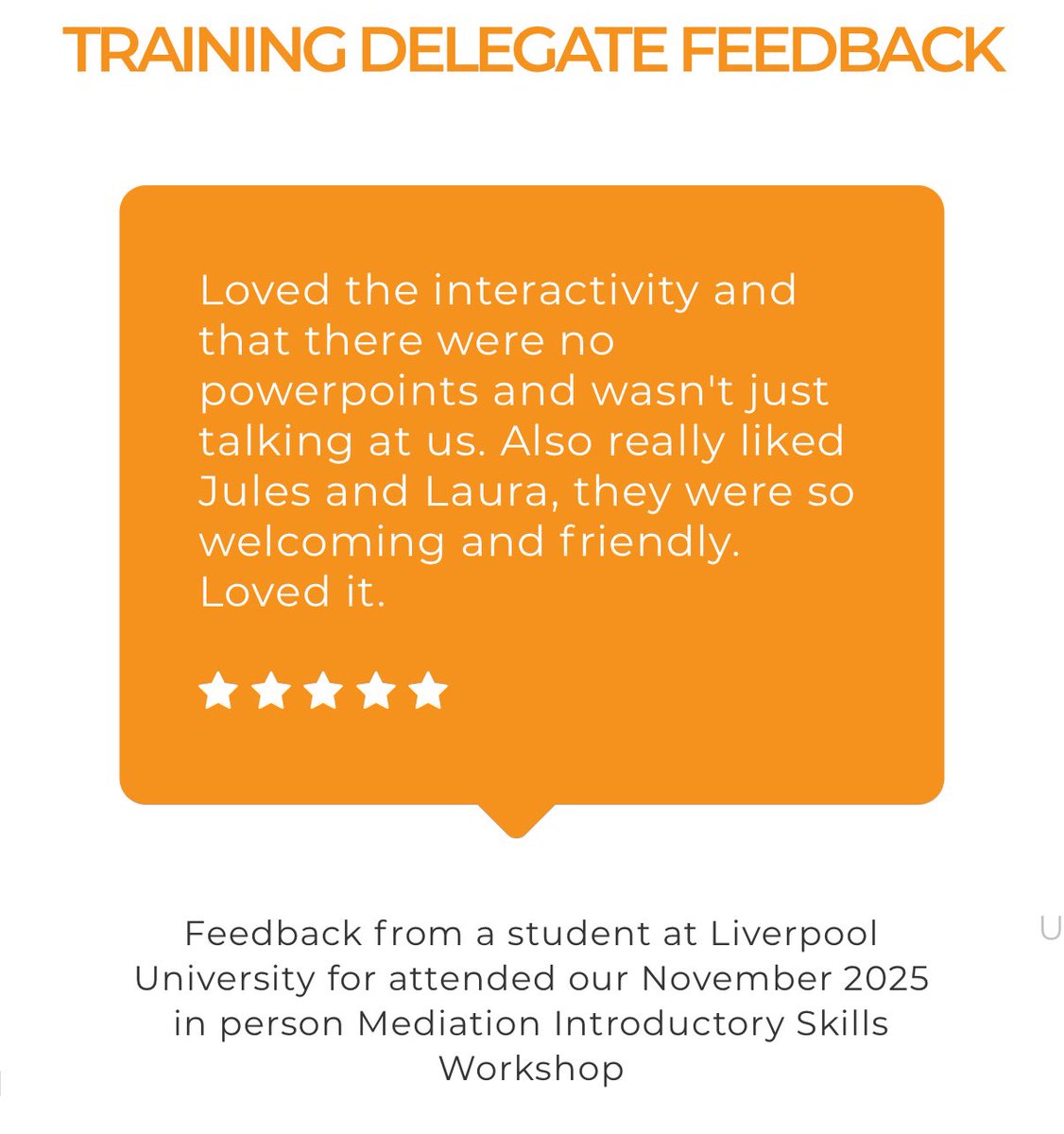 Our November Mediation Introductory Skills Workshop at Liverpool Uni all about learning &amp; skills practice &amp; it’s great to hear that delegates felt the impact

Interactive activities, skills practice and supportive learning … that’s what we’re all about

#Mediation #SolutionTalk