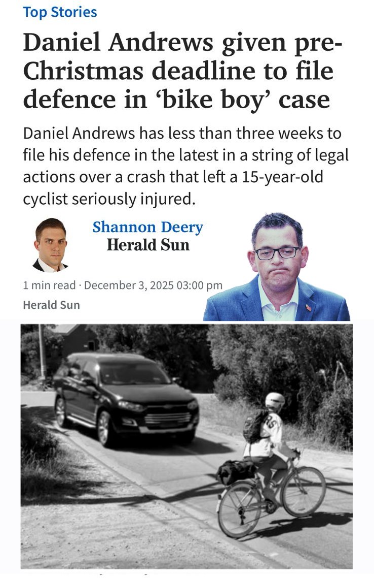 BikeBoyScandal's tweet image. COURT UPDATE:  Daniel Andrews and his wife Catherine have less than three weeks to file their defence in the defamation case over recent public comments about the crash that left then-15-year-old cyclist Ryan Meuleman seriously injured.

The trial — where both Andrews and his…