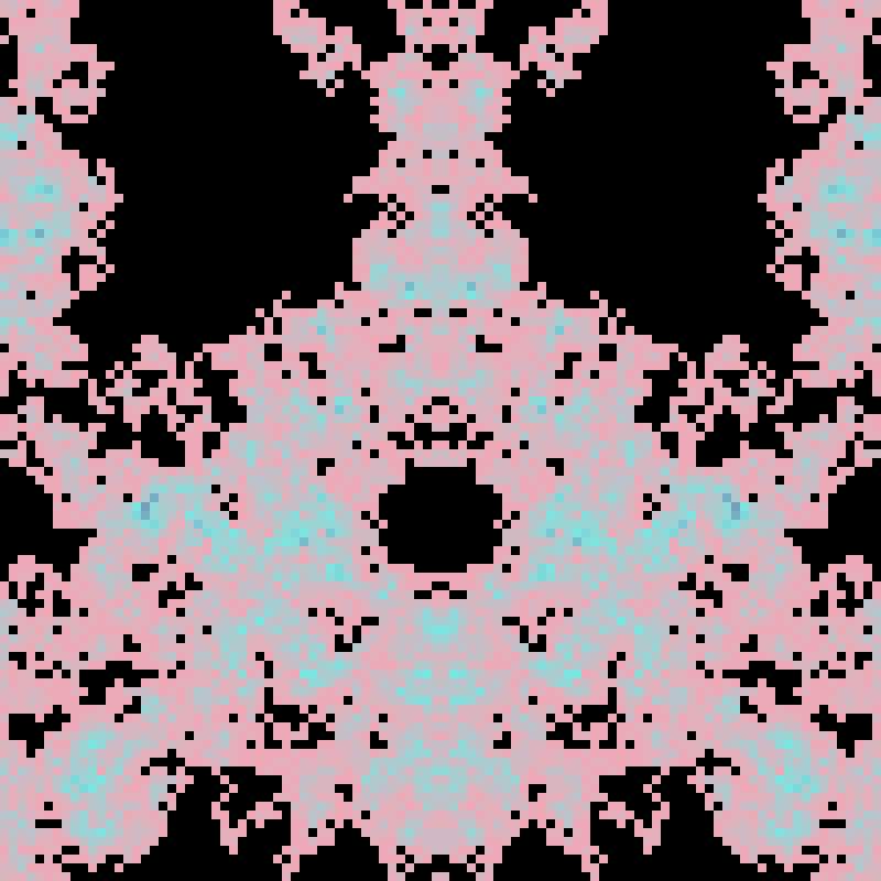 PatternRandom's tweet image. Low-res mirrored palettewalk
iterations=10789,levels=22,seed=1973463188,cols=3,c1=ecaab8,c2=7ee4e0,c3=684d90