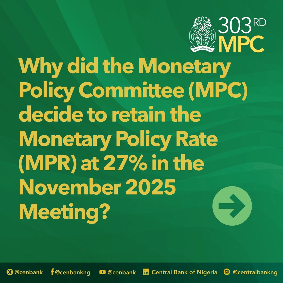 cenbank's tweet image. What you need to know about the 303rd MPC Decisions.

Kindly visit the CBN website to read more : cbn.gov.ng/Out/2025/CCD/F…

#MPC
#CBN