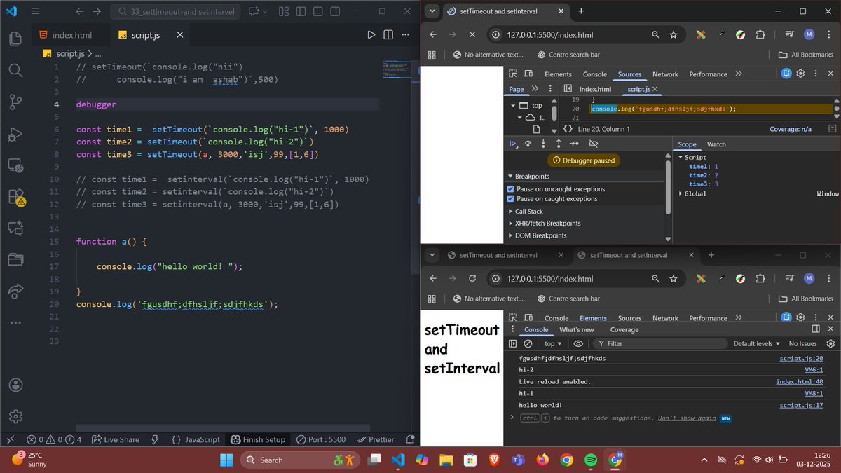 Ashab__683's tweet image. 🔄 Back to JavaScript today!
Revisited setTimeout() + setInterval() and used the debugger to understand how async code runs behind the scenes.
Feels good to get back on track 💻✨
#JavaScript #WebDev #100DaysOfCode #day68